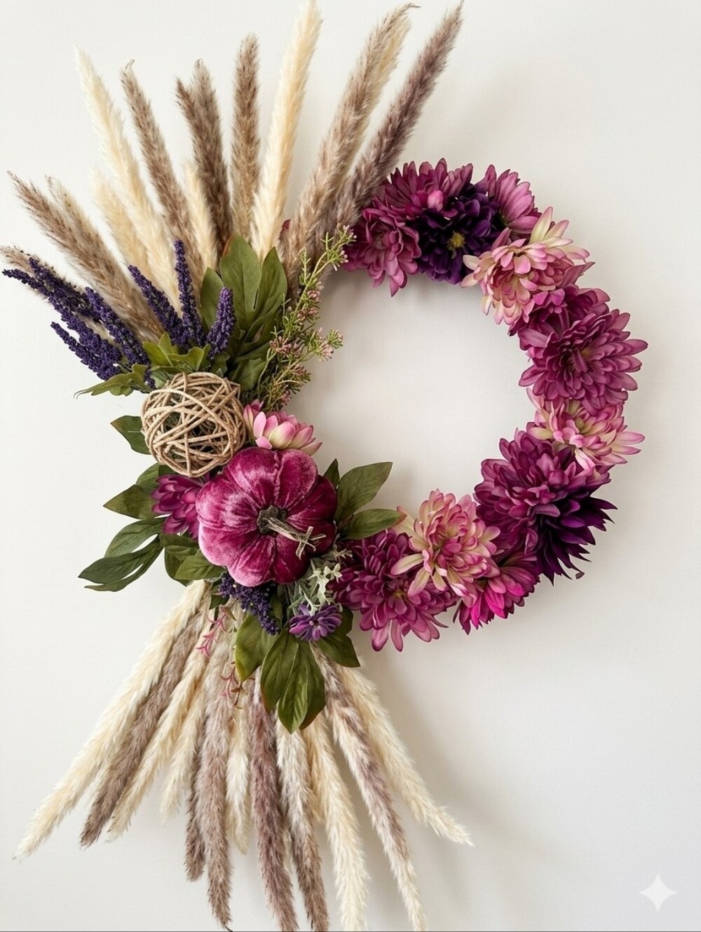 Fall Wreath, Mauve Pink & Creamy Natural. Faux Mums & Pumpkin, Approx 22"